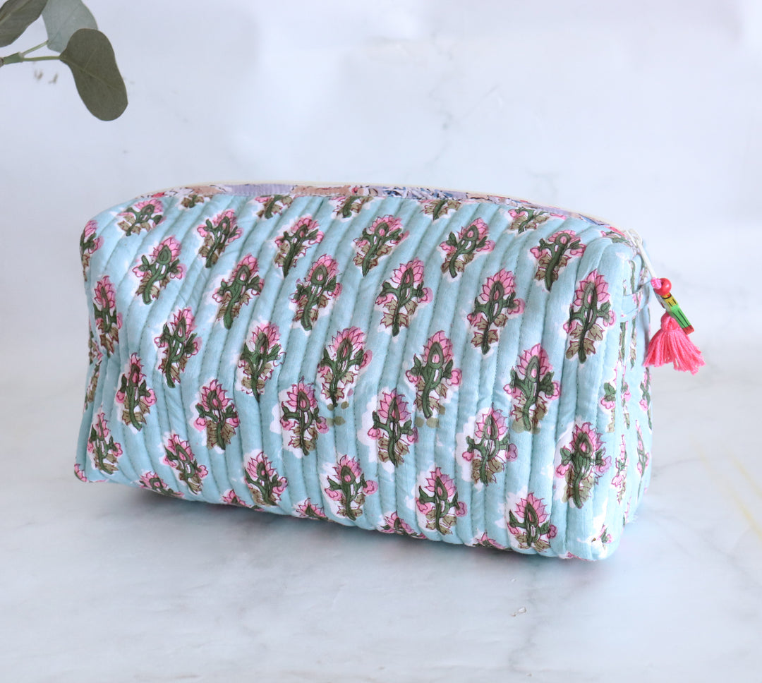 Medium Cosmetic bag - Makeup bag - Block print fabric travel pouch- Turquoise booti
