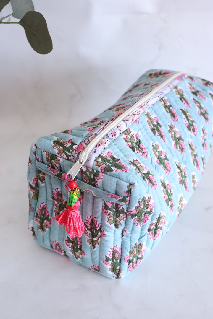 Medium Cosmetic bag - Makeup bag - Block print fabric travel pouch- Turquoise booti