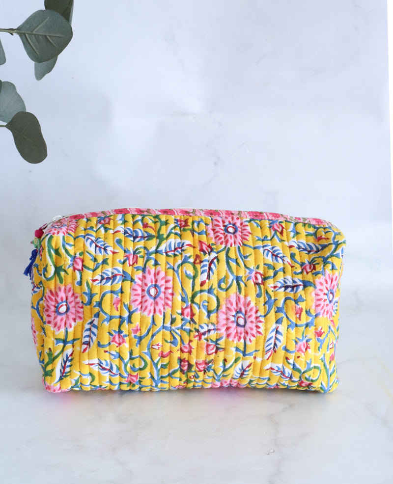 Medium Cosmetic bag - Makeup bag - Block print fabric travel pouch- Yellow trellis