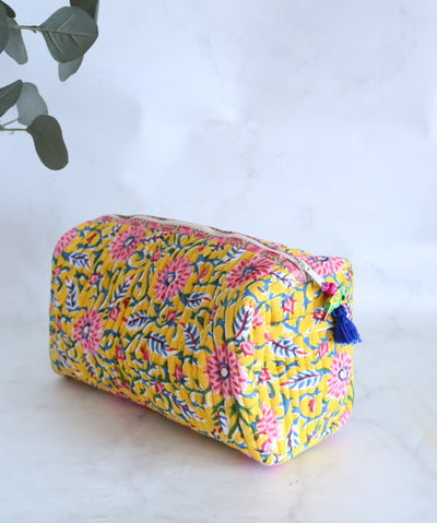 Large Cosmetic bag - Makeup bag - Block print fabric travel pouch- Yellow trellis
