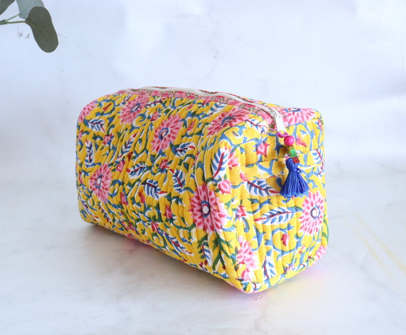 Medium Cosmetic bag - Makeup bag - Block print fabric travel pouch- Yellow trellis