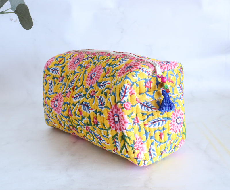 Large Cosmetic bag - Makeup bag - Block print fabric travel pouch- Yellow trellis