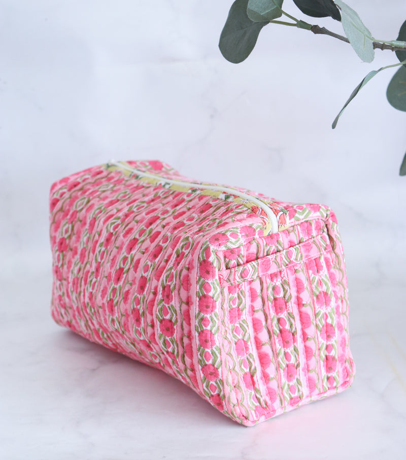 Large Cosmetic bag - Makeup bag - Block print fabric travel pouch- Dark pink trellis