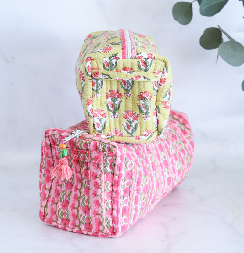 Set of 2 travel bags - Makeup bags - Block print cosmetic pouches - Primrose