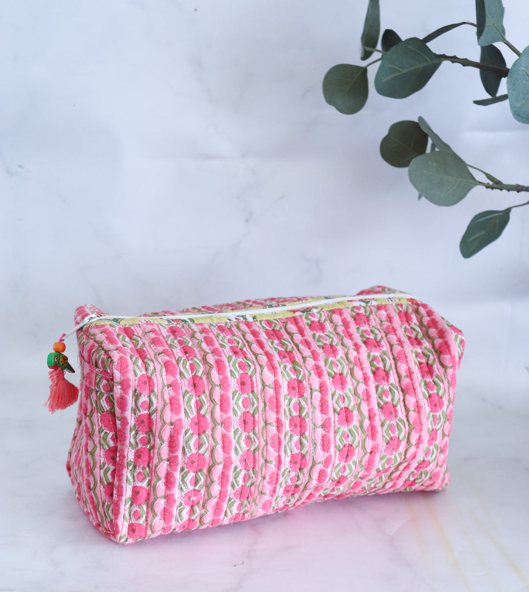 Large Cosmetic bag - Makeup bag - Block print fabric travel pouch- Dark pink trellis