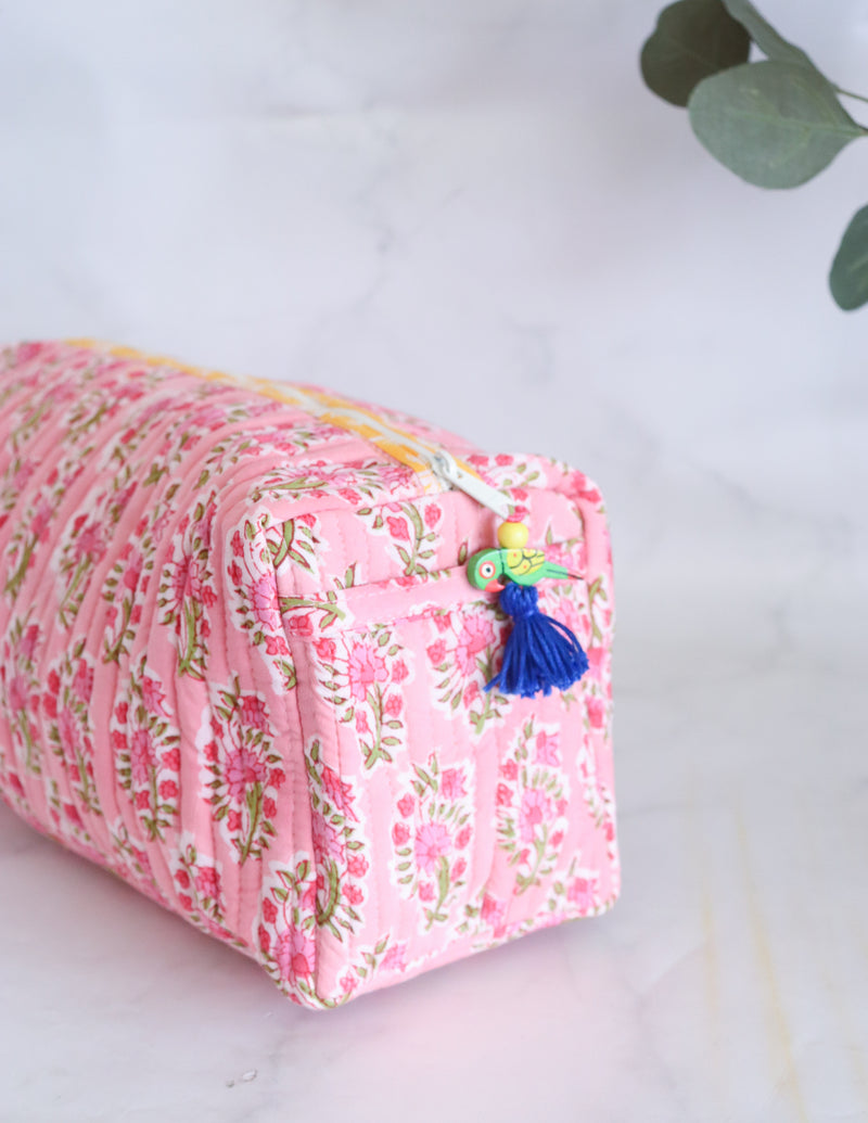 Large Cosmetic bag - Makeup bag - Block print fabric travel pouch-  Pink ditsy