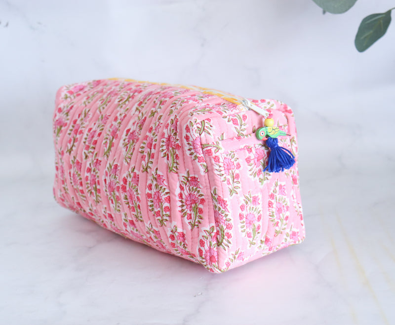 Large Cosmetic bag - Makeup bag - Block print fabric travel pouch-  Pink ditsy