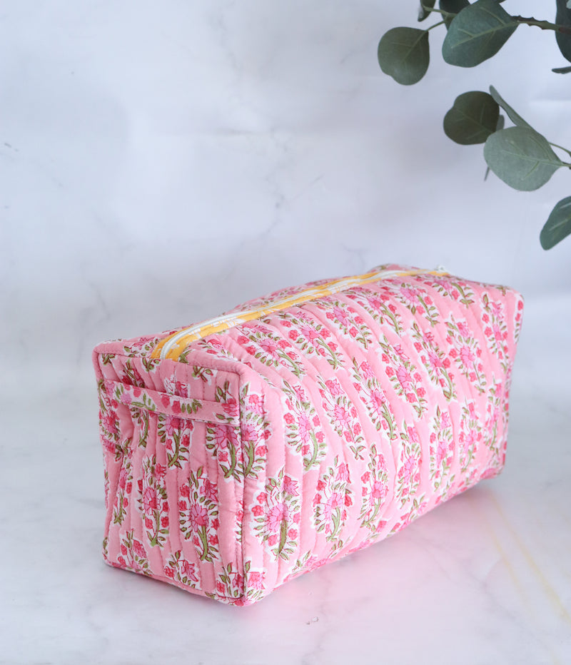 Large Cosmetic bag - Makeup bag - Block print fabric travel pouch-  Pink ditsy