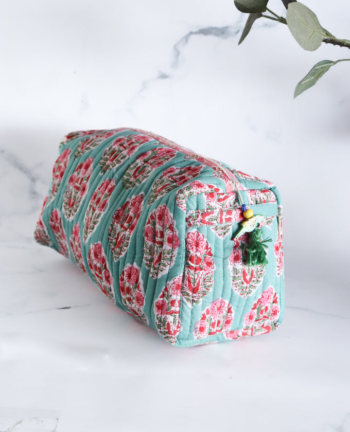 Large Cosmetic bag - Makeup bag - Block print fabric travel pouch- Turquoise - close up detail