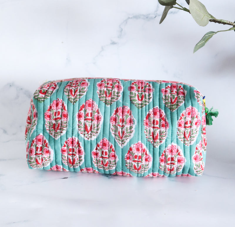 Large Cosmetic bag - Makeup bag - Block print fabric travel pouch- Turquoise