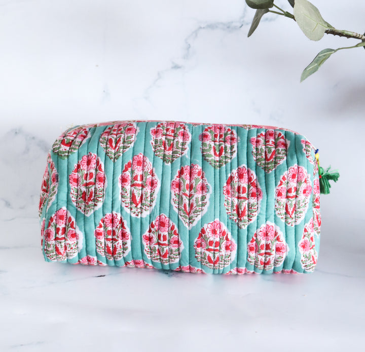Medium Cosmetic bag - Travel Make up bag - Turquoise Booti - back view