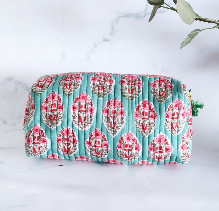 Personalized Large Makeup bags - Block print cosmetic bag - Custom toiletry pouch with name