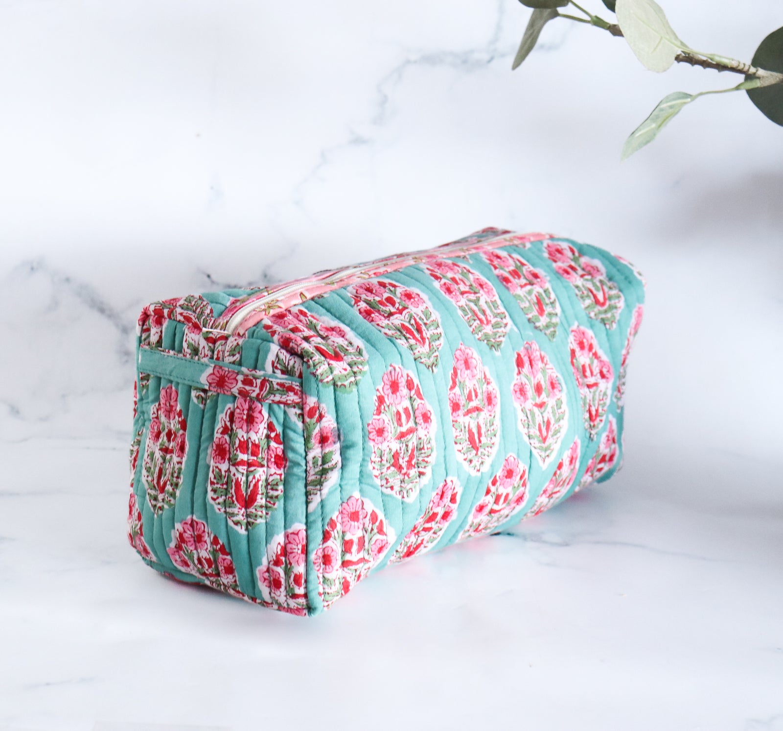 Medium Cosmetic bag - Travel Make up bag - Turquoise Booti - Makeup bag by Kari by Kriti