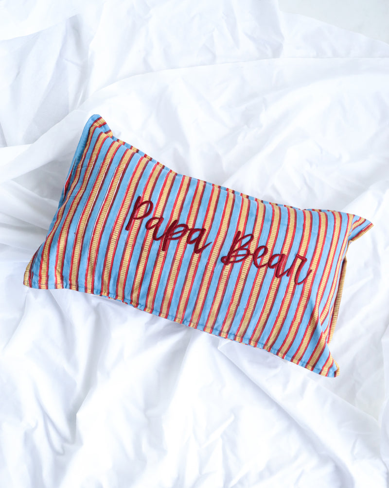 Papa bear - Block print Word Pillow cover - Embroidery on Block print fabric - 12x20 inches