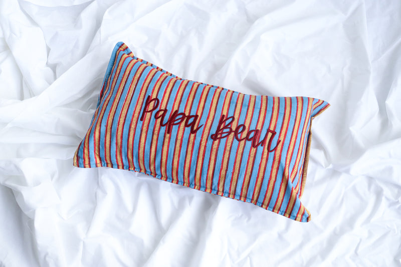 Papa bear - Block print Word Pillow cover - Embroidery on Block print fabric - 12x20 inches