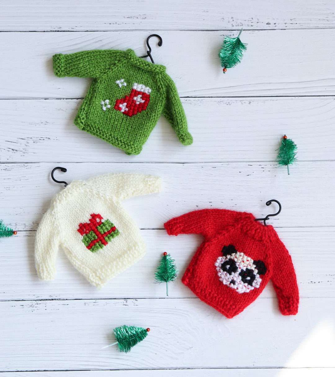 Christmas mini Sweater ornaments - Hand knitted little sweaters - Set of 3