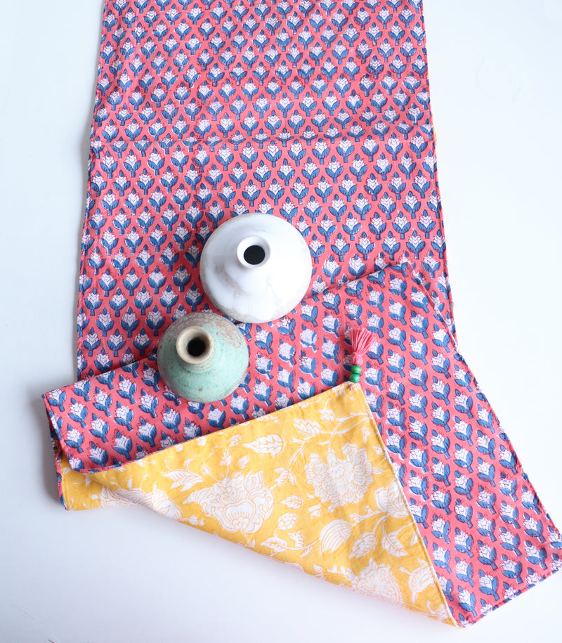 Pink ditsy Reversible table runner - Block print table runner - 12x60 inches