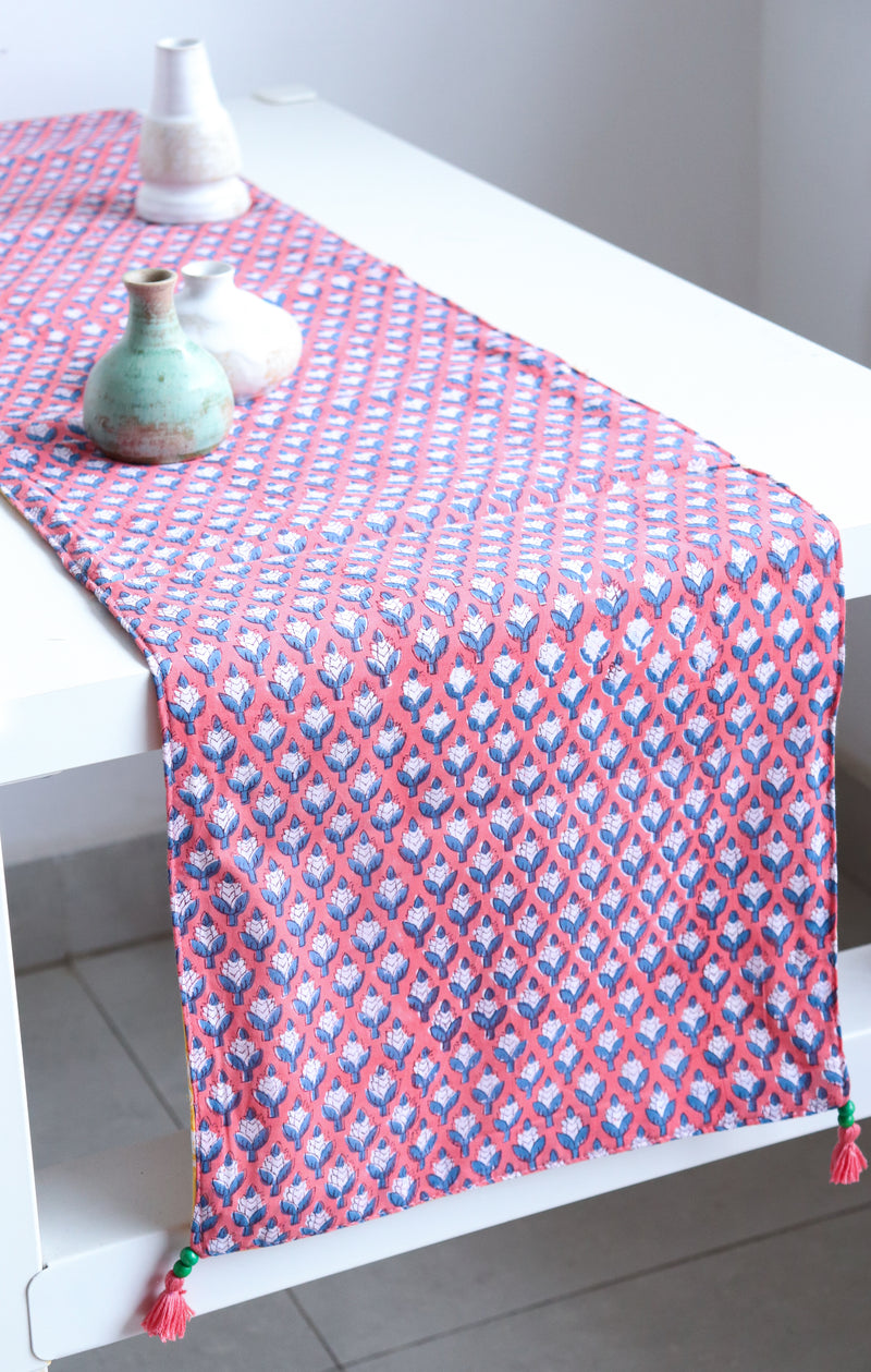 Pink ditsy Reversible table runner - Block print table runner - 12x60 inches