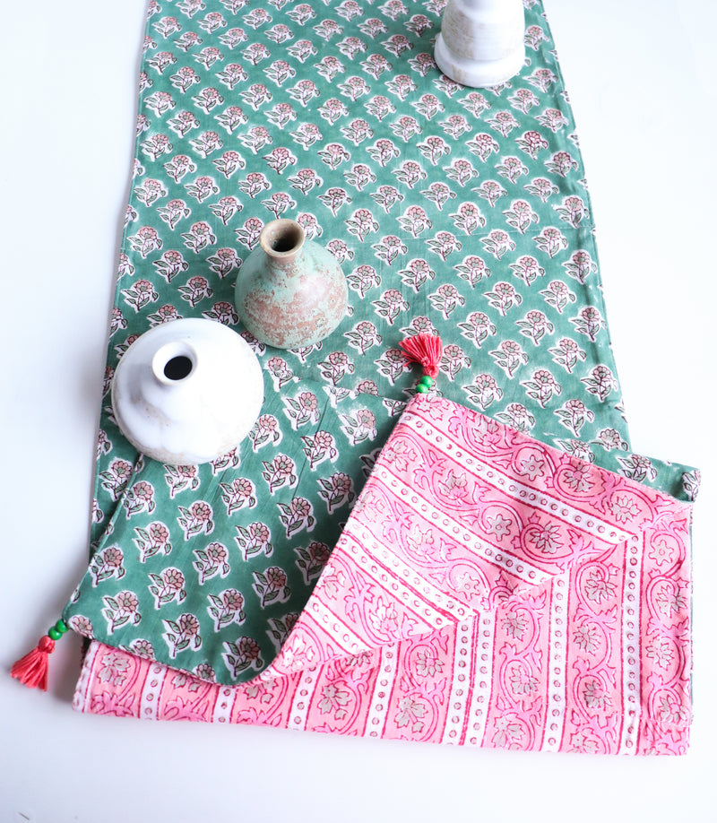 Green booti reversible table runner - Block print table runner - 12x60 inches