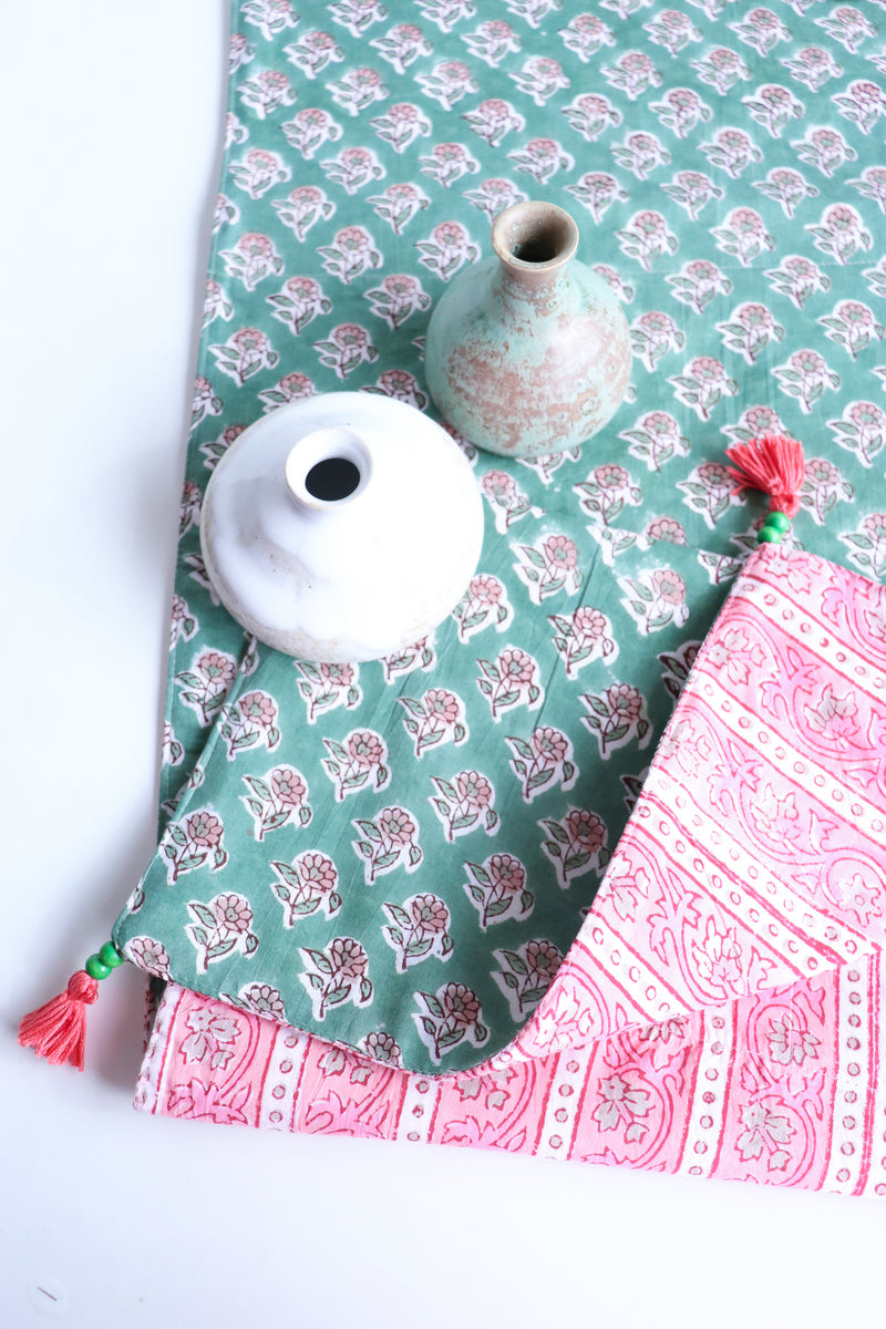 Green booti reversible table runner - Block print table runner - 12x60 inches
