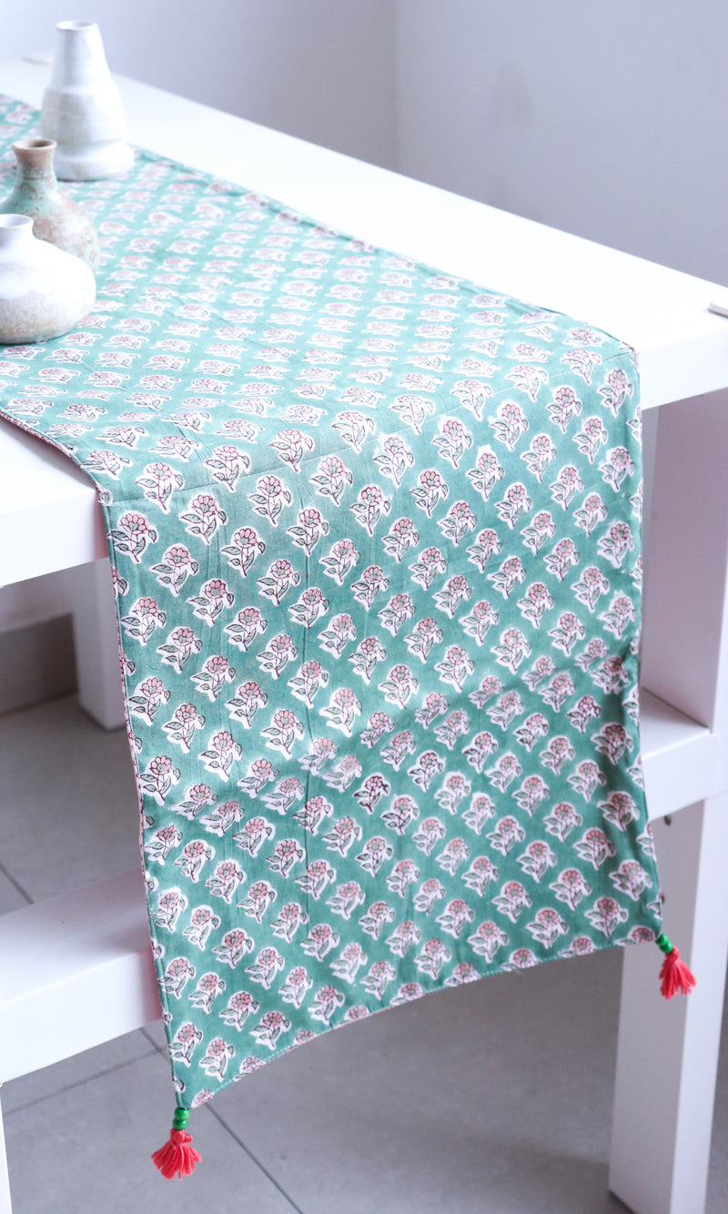 Green booti reversible table runner - Block print table runner - 12x60 inches