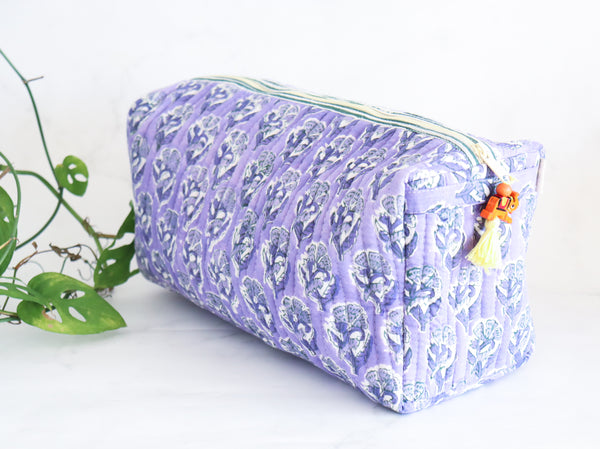 Lilac block print medium cosmetic bag, handmade travel makeup pouch by Kari by Kriti
