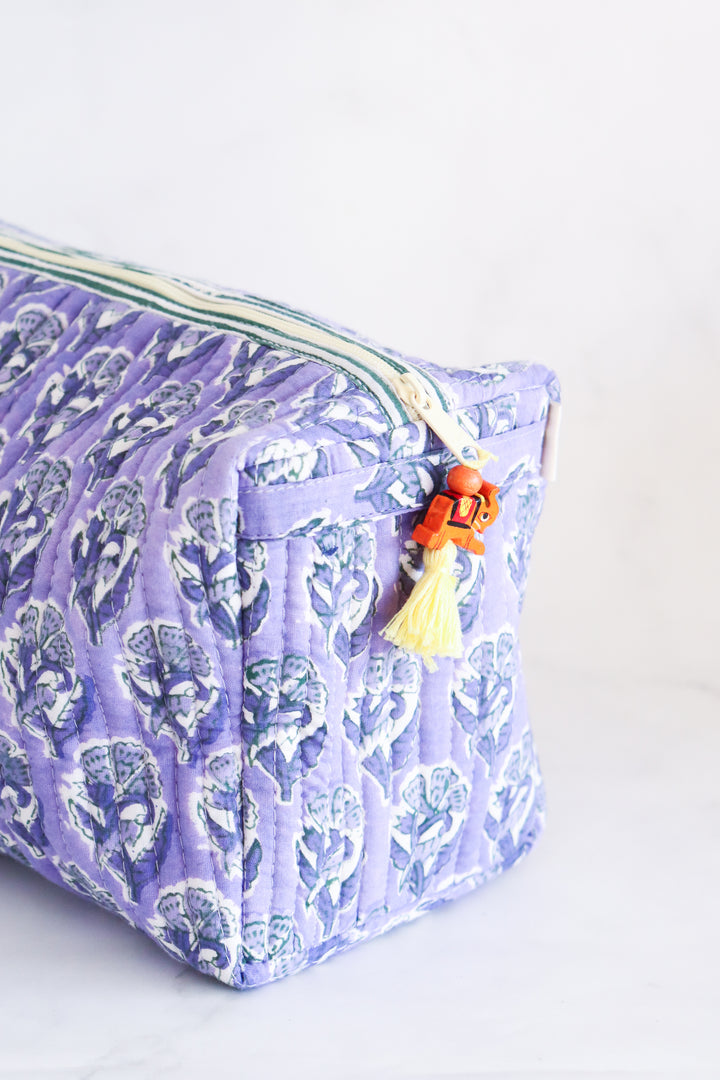 Medium Cosmetic bag - Makeup bag - Block print fabric travel pouch - Lilac