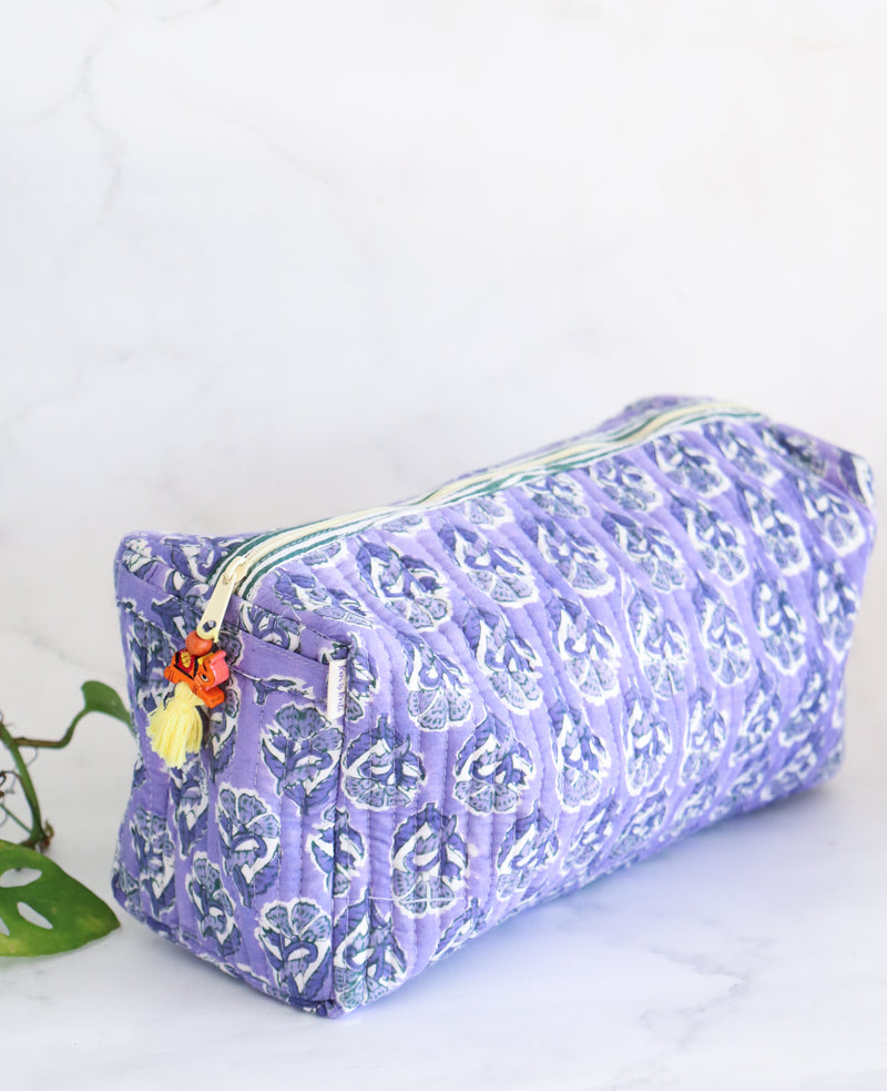 Medium Cosmetic bag - Makeup bag - Block print fabric travel pouch - Lilac