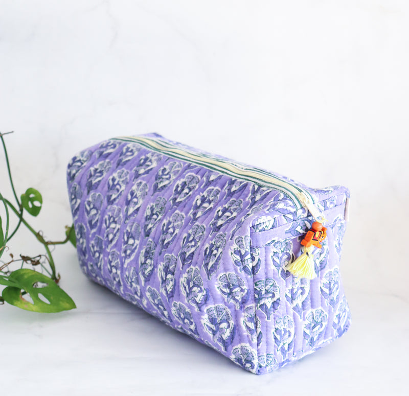 Personalized Cosmetic bag - Makeup bag - Block print fabric travel pouch- Large
