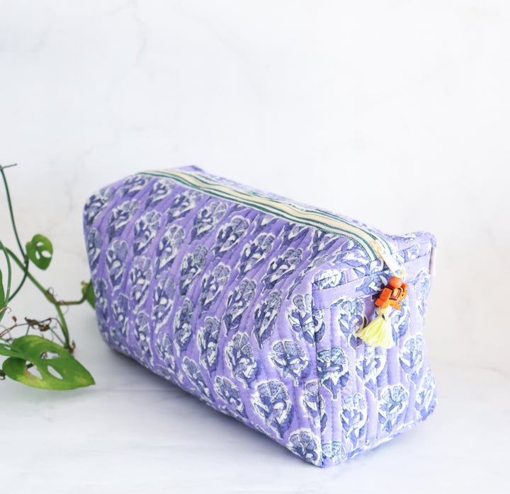 Medium Cosmetic bag - Makeup bag - Block print fabric travel pouch - Lilac
