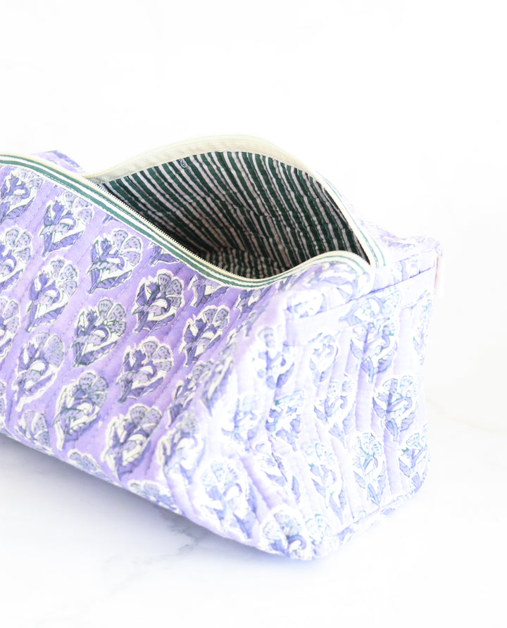 Medium Cosmetic bag - Makeup bag - Block print fabric travel pouch - Lilac