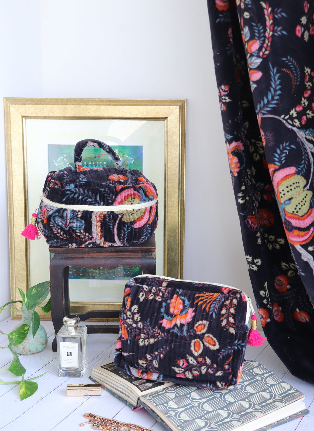 Set of 2 Luxurious Velvet Quilted Pouches - Makeup bag & Vanity bag - Midnight Black
