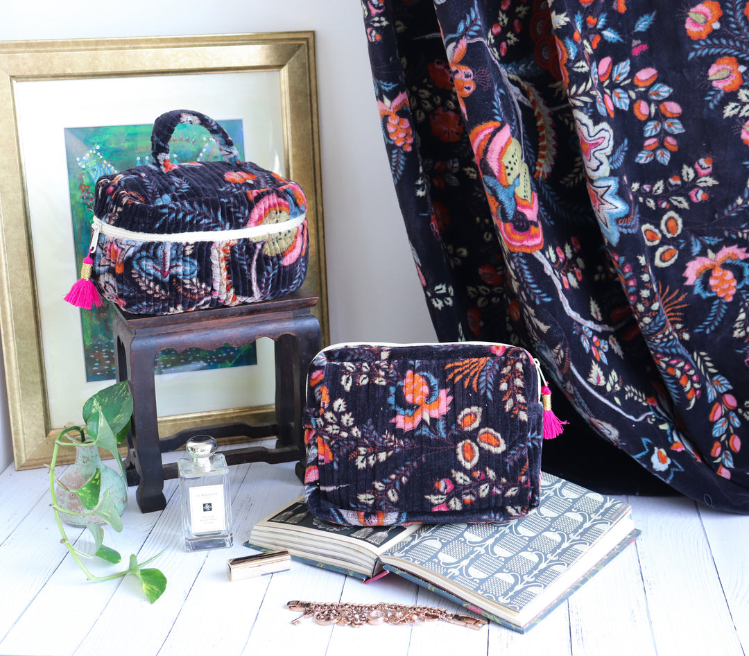 Set of 2 Luxurious Velvet Quilted Pouches - Makeup bag & Vanity bag - Midnight Black