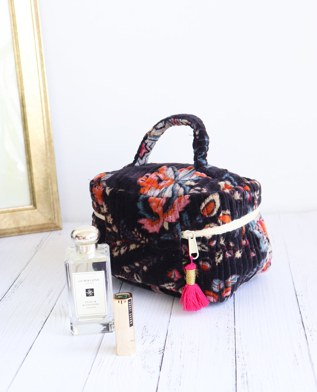 Set of 2 Luxurious Velvet Quilted Pouches - Makeup bag & Vanity bag - Midnight Black