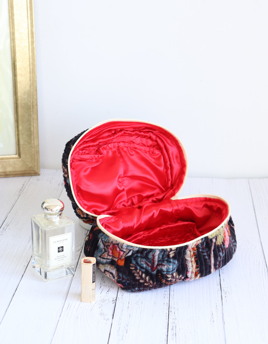 Set of 2 Luxurious Velvet Quilted Pouches - Makeup bag & Vanity bag - Midnight Black