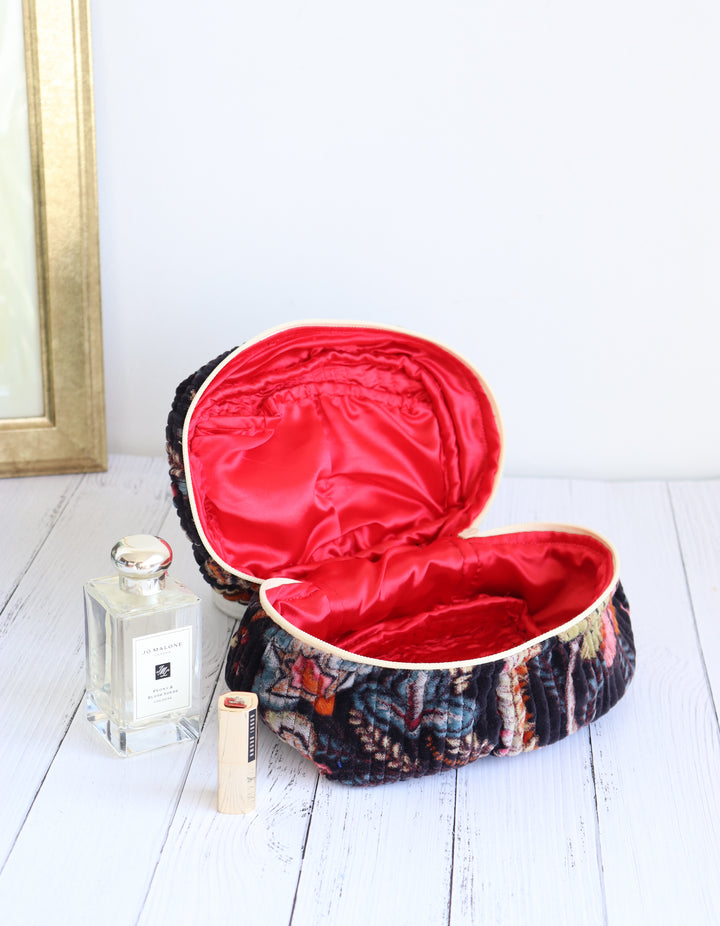 Set of 2 Luxurious Velvet Quilted Pouches - Makeup bag & Vanity bag - Midnight Black