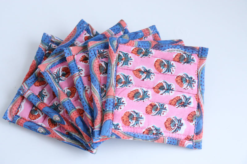 Set of 6 coasters in a bag - Reversible block print quilted coasters - Pink Ditsy