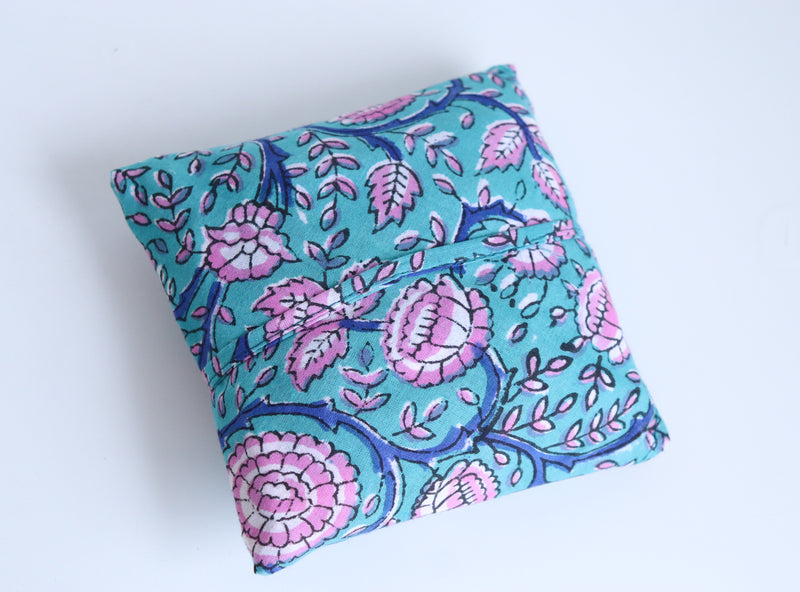 Set of 6 coasters in a bag - Reversible block print quilted coasters - Turquoise Blue