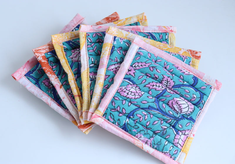 Set of 6 coasters in a bag - Reversible block print quilted coasters - Turquoise Blue