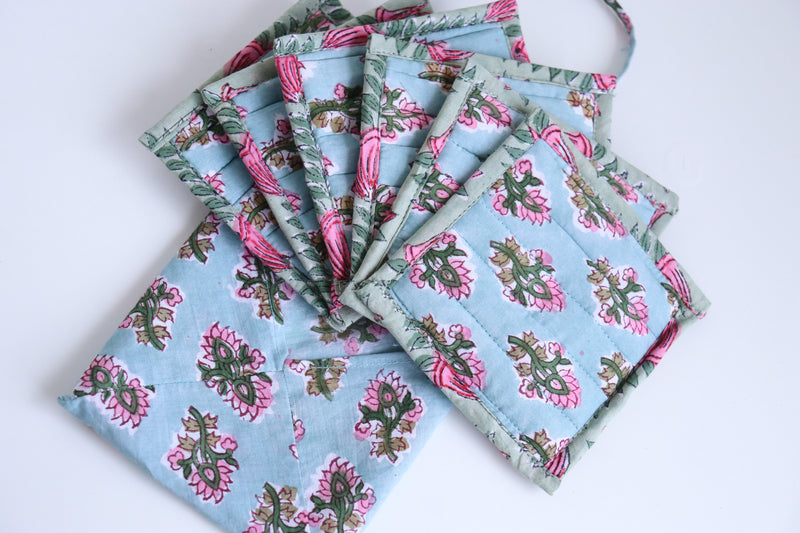 Set of 6 coasters in a bag - Reversible block print quilted coasters - Turquoise