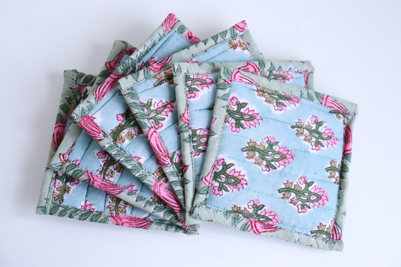 Set of 6 coasters in a bag - Reversible block print quilted coasters - Light Turquoise
