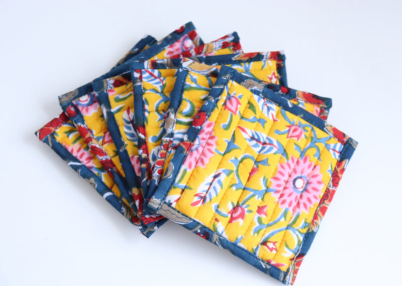 Set of 6 coasters in a bag - Reversible block print quilted coasters - Sunset