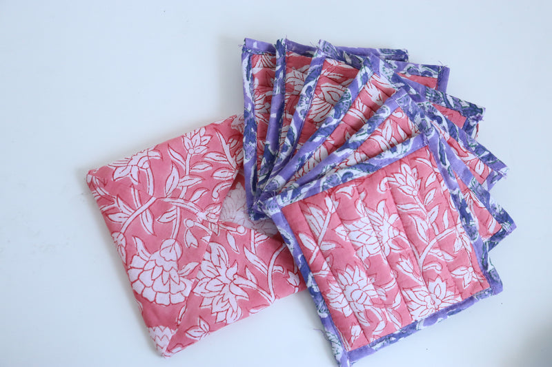 Set of 6 coasters in a bag - Reversible block print quilted coasters - light pink