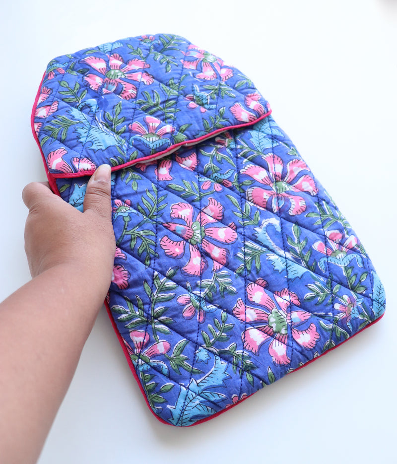Quilted Hot Water Bag Covers - Block print hot water bottle covers - Blue floral