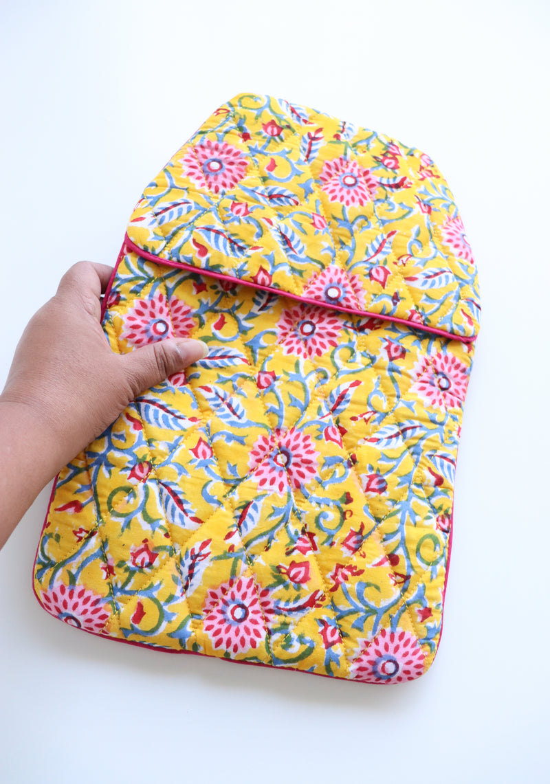 Quilted Hot Water Bag Covers - Block print hot water bottle covers - Yellow Trellis