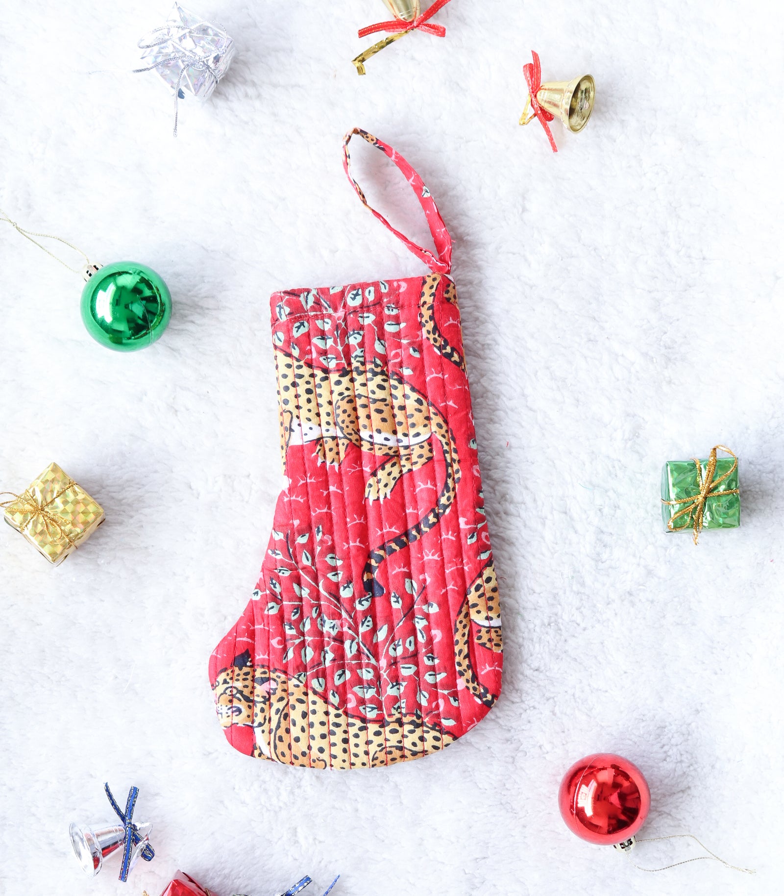 Happy cheetah mini block print quilted Christmas stocking ornament by Kari by Kriti
