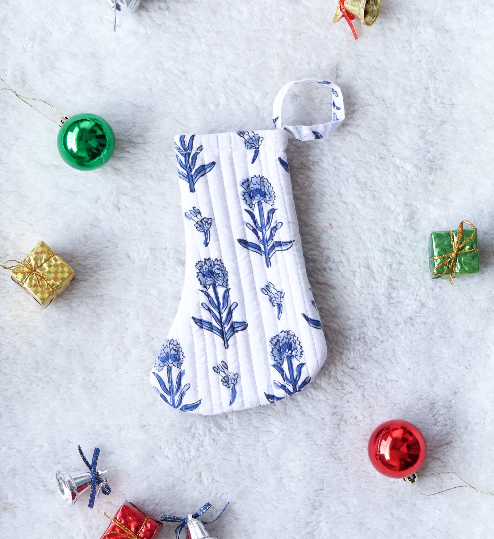 Holly berry mini block print quilted Christmas stocking ornament by Kari by Kriti
