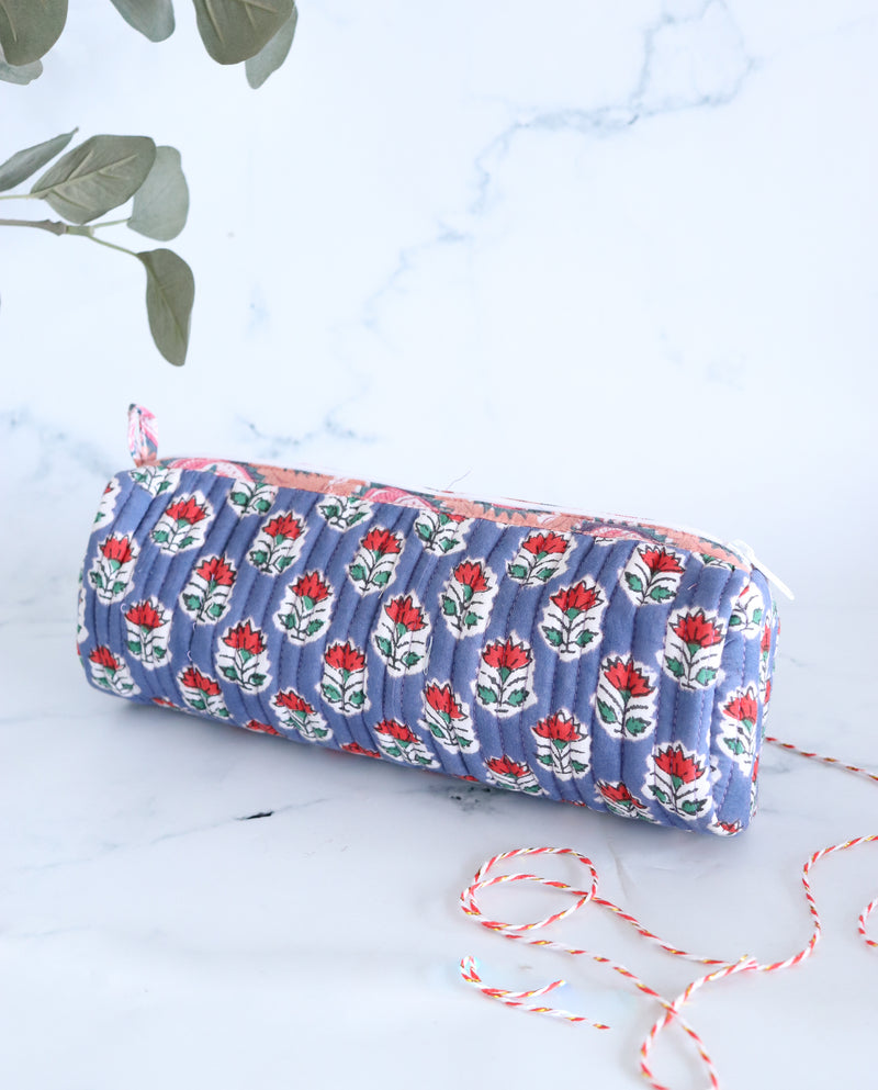 Quilted round pencil cases - Block print pouches - Blue & Red