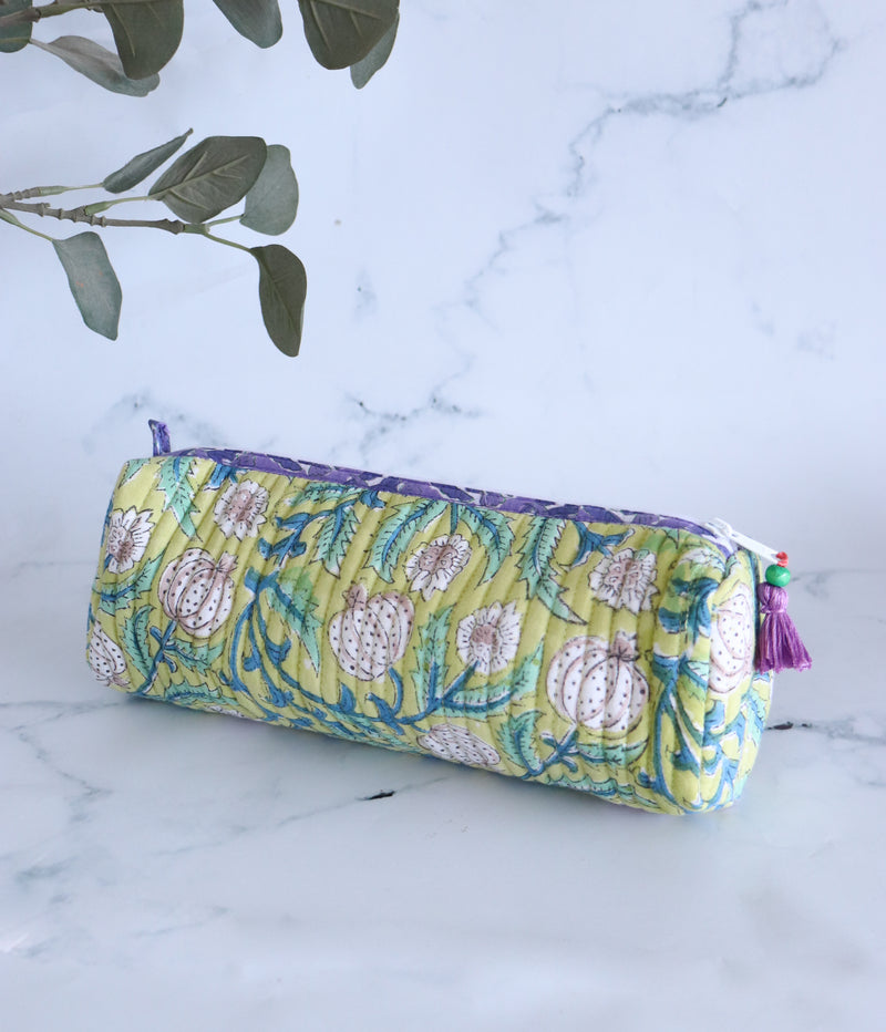 Quilted round pencil cases - Block print pouches - Light green floral