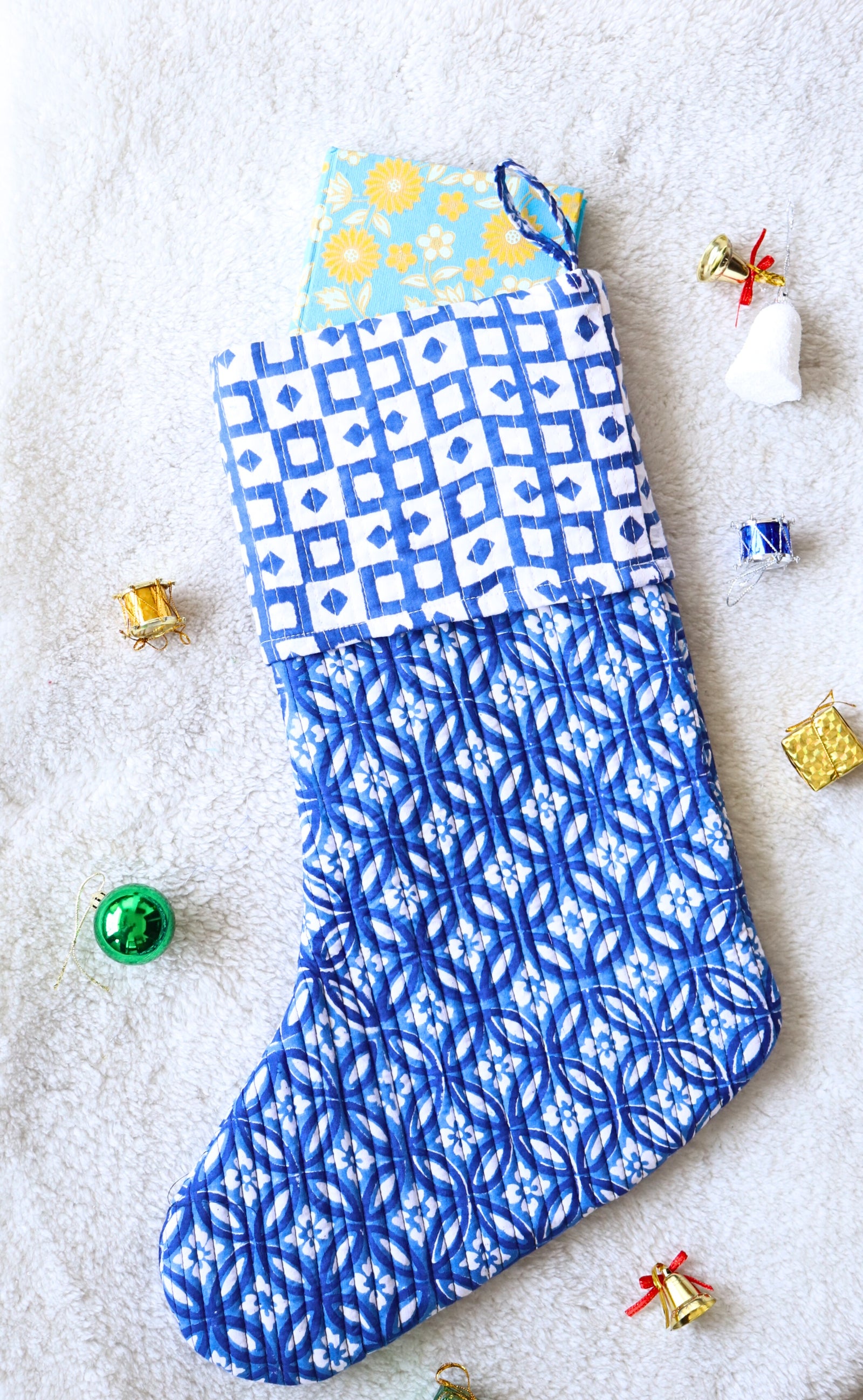 Gingerbread block print quilted Christmas stocking, handmade cotton by Kari by Kriti

